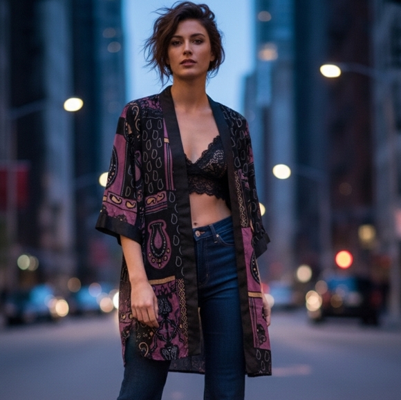 Dex Tops - Satin And Velvet Paisley Purple Burnout Patterned Kimono